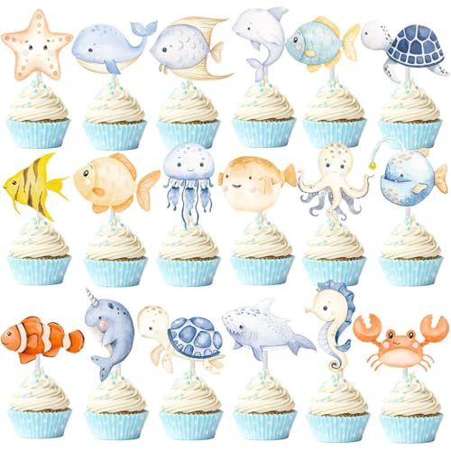 Houhounb 36Pcs Meerestiere Cupcake Topper Tortendekoration Unterwasserwelt Deko Kuchen für Ozean Thema Party Kuchendekoration für Geburtstagsfeier von Houhounb