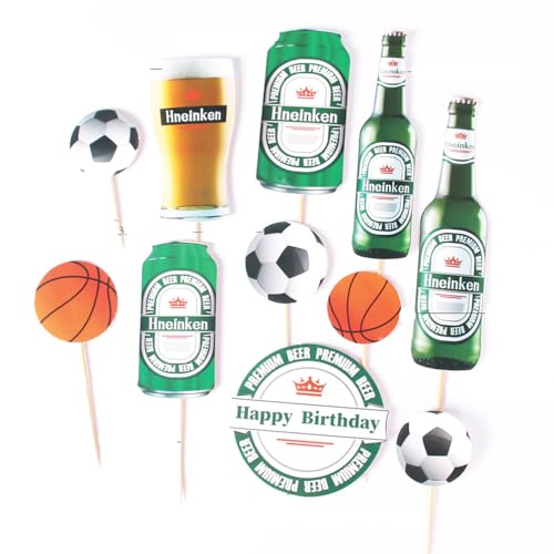 Houhounb 5 Sätze Grüner Bierflasche Tortendekoration Basketball Fußball Cake Topper Happy Birthday Kuchendekoration für Sommer Cool Thema Birthday Party Dekorationen von Houhounb