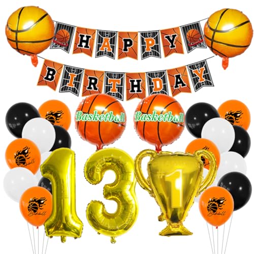 Houhounb Basketball Luftballon Set 13 Jahr Jungen Geburtstagsdeko with Happy Birthday Banner Zahl 13 Ballon FolienBallon Basketball Druck Ballon Trophäe Ballon für 13. Geburtstag Party Dekoration von Houhounb