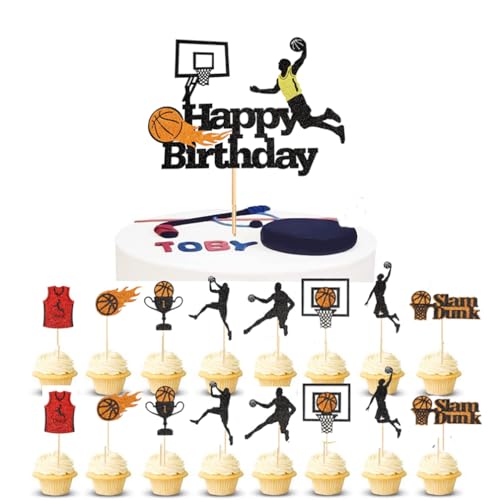 Houhounb Basketball-Themen Party Deko Set Basketball Kuchendeckel 1 großes Happy Birthday Cake Topper und 24Pcs Kuchen Topper Cupcake Picks für Basketball Themed Geburtstag Party Dekorationen von Houhounb