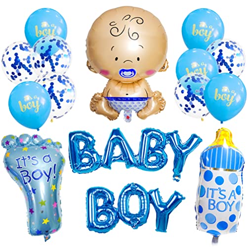 Houhounb Blau Babyparty Deko Junge Set BABY BOY Folienballons + 1 XXL Neugeborene,1 Babyflasche,1 Fuß Folienballon + 10 Blau Ballon für Hochzeit Ankündigung Einer Schwangerschaft Gender von Houhounb