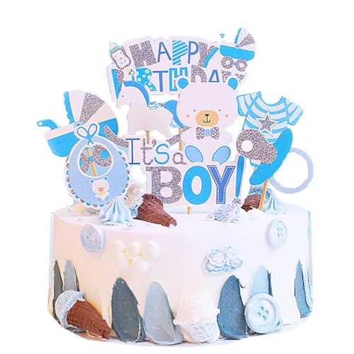 Houhounb Blau Bär Tortendeko Junge Babyparty Kuchen Topper Kuchendeko Baby Shower It's a Boy Kuchen Topper Bear Kuchen Zubehör Tortendekoration Baby Taufe, 7 Stück von Houhounb