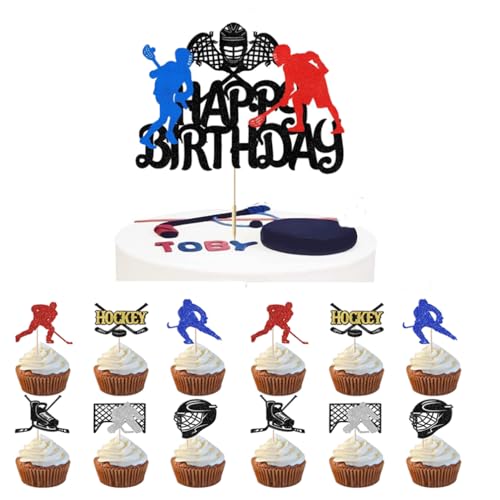 Houhounb Eishockey-Themen Party Deko Set Eishockey Kuchendeckel 1 großes Happy Birthday Cake Topper und 24Pcs Kuchen Topper Cupcake Picks für Eishockey Themed Geburtstag Party Dekorationen von Houhounb