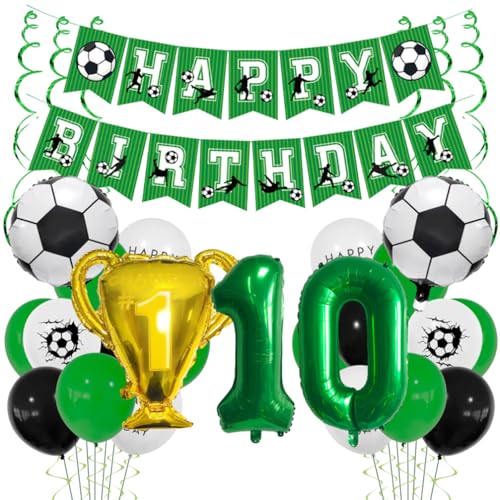 Houhounb Fussball Ballon 10. Geburtstag Grüner Ballon 10 Jahre Junge Fussball Geburtstag Dekoration Trophäe Helium Ballon with Bänder für Thema Fußball Kindergeburtstag Party von Houhounb