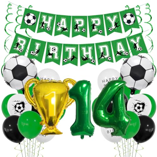 Houhounb Fussball Ballon 14. Geburtstag Grüner Ballon 14 Jahre Junge Fussball Geburtstag Dekoration Trophäe Helium Ballon with Bänder für Thema Fußball Kindergeburtstag Party von Houhounb