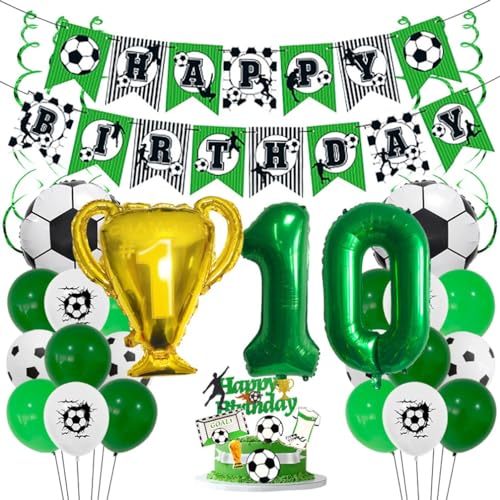 Houhounb Fußball Grüner Serie 10. Geburtstag Deko Fussball Deko Happy Birthday Banner Party Deko No.10 Fußball Luftballon Tortendeko für Thema Fußball 10 Jahre Geburtstag Dekoration von Houhounb