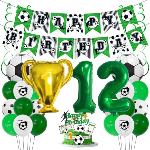 Houhounb Fußball Grüner Serie 12. Geburtstag Deko Fussball Deko Happy Birthday Banner Party Deko No.12 Fußball Luftballon Tortendeko für Thema Fußball 12 Jahre Geburtstag Dekoration von Houhounb