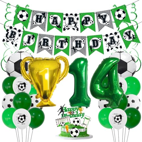 Houhounb Fußball Grüner Serie 14. Geburtstag Deko Fussball Deko Happy Birthday Banner Party Deko No.14 Fußball Luftballon Tortendeko für Thema Fußball 14 Jahre Geburtstag Dekoration von Houhounb