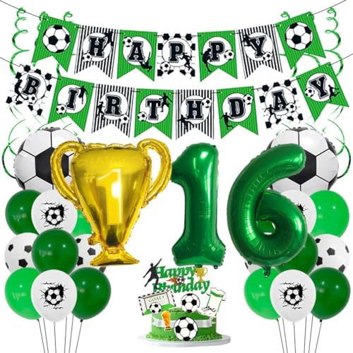 Houhounb Fußball Grüner Serie 16. Geburtstag Deko Fussball Deko Happy Birthday Banner Party Deko No.16 Fußball Luftballon Tortendeko für Thema Fußball 16 Jahre Geburtstag Dekoration von Houhounb