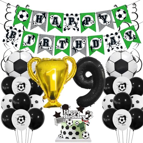 Houhounb Fußball Schwarze Serie 9. Geburtstag Deko Fussball Deko Happy Birthday Banner Party Deko Kinder Fußball Luftballon Tortendeko für Thema Fußball 9 Jahre Geburtstag Dekoration von Houhounb