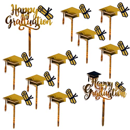 Houhounb Graduation Cake Toppers Geburtstagskuchen Acryl Deko 2 Happy Graduation Cake Topper und 9 Graduation Hat Dekoration für Abschluss Tortenaufsatz Abschluss Aufkleber，Golden von Houhounb