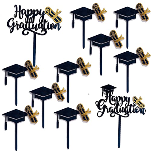 Houhounb Graduation Cake Toppers Geburtstagskuchen Acryl Deko 2 Happy Graduation Cake Topper und 9 Graduation Hat Dekoration für Abschluss Tortenaufsatz Abschluss Aufkleber，Schwarz von Houhounb