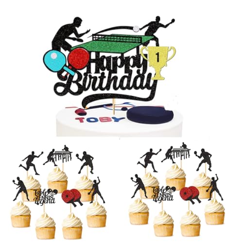 Houhounb Ping-Pong-Themen Party Deko Set Ping-Pong Kuchendeckel 1 großes Happy Birthday Cake Topper und 14Pcs Kuchen Topper Cupcake Picks für Ping PongThemed Geburtstag Party Dekorationen von Houhounb