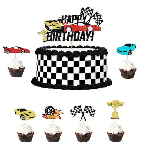 Houhounb Rennsport-Thema Party Deko Set Formel-1-Wettbewerb Kuchendeckel 1 großes Happy Birthday Cake Topper und 24pcs Kuchen Topper Cupcake Picks für Thema Rennwagen Geburtstag Party Dekorationen von Houhounb