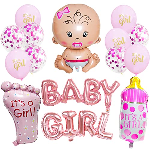 Houhounb Rosa Babyparty Deko Mädchen Set BABY GIRL Folienballons + 1 XXL Neugeborene,1 Babyflasche,1 Fuß Folienballon + 10 Rosa Ballon für Hochzeit Ankündigung Einer Schwangerschaft Gender von Houhounb