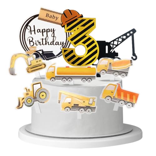 Houhounnb Baufahrzeug Tortendekorationen Acryl Cake Topper 3 Jahr Geburtstag Bulldozer Bagger Kran Mixer Tortenstecker Kuchenstecker für Kinder 3. Geburtstag Party Dekoration von Houhounb