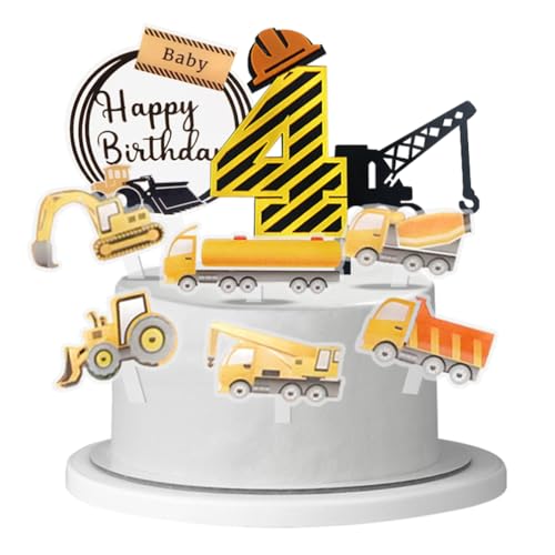 Houhounnb Baufahrzeug Tortendekorationen Acryl Cake Topper 4 Jahr Geburtstag Bulldozer Bagger Kran Mixer Tortenstecker Kuchenstecker für Kinder 4. Geburtstag Party Dekoration von Houhounb