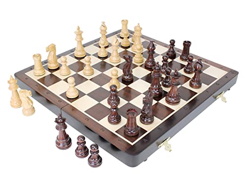 House of Chess - Viktorianisches Staunton Ringy Rose Wood Chess Set - 35.6 cm x 35.6 cm Holz-Klappschachbrett mit algebraischer Notation - Holzschachfiguren mit König Höhe 7,6 cm + 2 Extra Königinnen von House of Chess