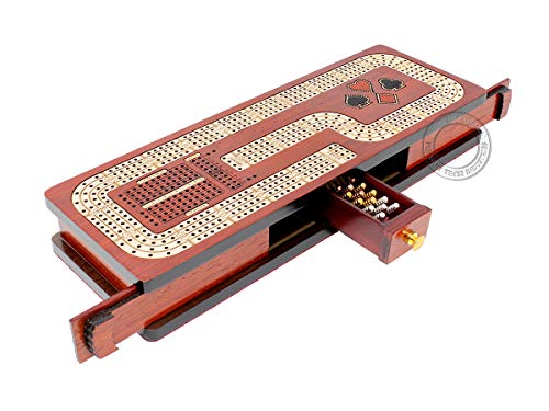 House of Cribbage - Durchgehende Cribbage Board / Box eingelegt in Blutholz / Ahorn: 4 Schienen - Karten & Wäscheklammern Aufbewahrungsschublade mit Punktemarkierungsfeldern für Stinktiere, Ecken und von House of Cribbage