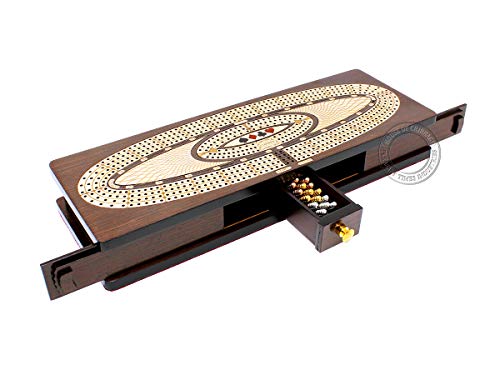 House of Cribbage - Durchgehendes Cribbage Board/Box eingelegt in Wengeholz/Ahorn: 4 Schienen – Schiebedeckel, Schublade und Metallklammern mit Punktemarkierungsfeldern für Stinktiere, Ecken und von House of Cribbage