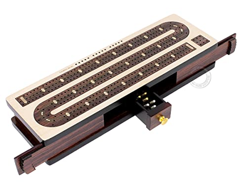 House of Cribbage – durchgehendes Cribbage-Brett mit eingelegtem Palisander, 3 Spuren auf Ahornbrett, 30,5 cm, Schiebedeckel: Schublade von House of Cribbage