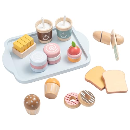 1 Set Spiellebensmittel, Frühstück, Spiellebensmittel aus Holz mit Toast, Kaffee, Donuts und mehr, Lebensmittel-Kochspielzeug, Rollenspiel-Spielzeug, Geschenk für Kinder ab 3 Jahren, Spielzeuglebensmi von HoveeLuty