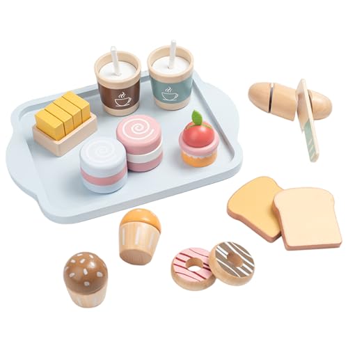 1 Set Spiellebensmittel Frühstück Holzspiellebensmittel mit Toast Kaffee Donuts und mehr Lebensmittel Kochspielzeug Rollenspielspielzeug Geschenk für Kinder ab 3 Jahren Lebensmittelspielzeug Küchenspi von HoveeLuty