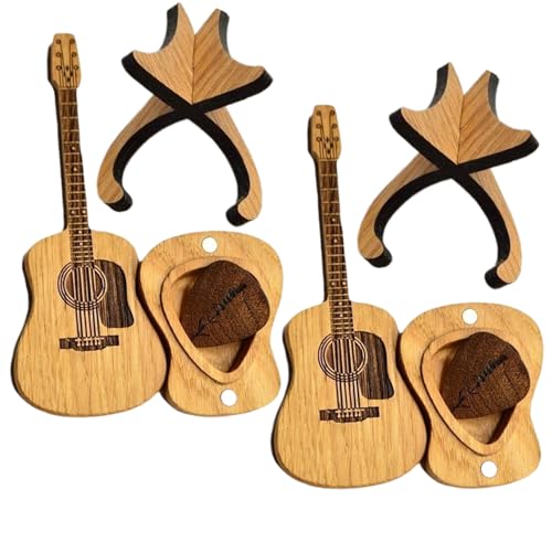 2 Stück Gitarren-Pick-Vitrine mit 3 Stück Gitarren-Picks, Buchenholz, Akustikgitarren-Pick-Box mit Ständer, 11,9 x 5,1 cm, kleines Gitarren-Pick-Etui, Musikgeschenk für Gitarristen, Gitarren-Plektrum, von HoveeLuty