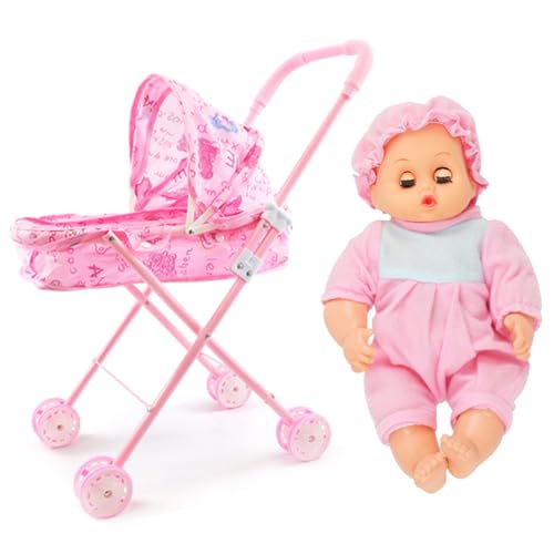 2-teiliges Puppenwagen-Set mit Puppe, faltbares tragbares Babypuppen-Kinderwagen-Set, süße bewegliche Babypuppe mit großen Augen und tragbarer Kleidung, Puppenwagen mit verstellbarem Verdeck für von HoveeLuty