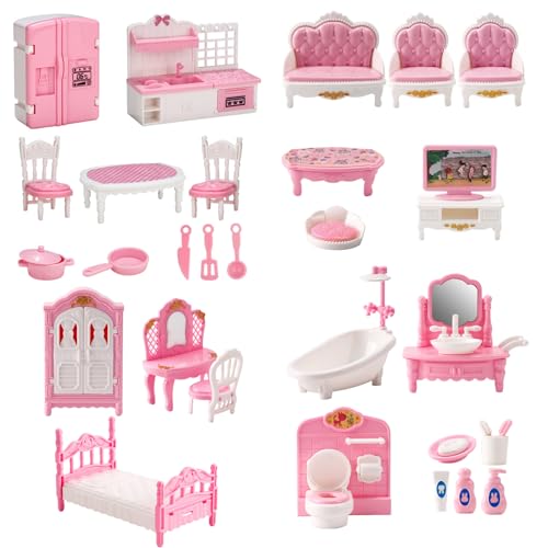 4 Sets Puppenhaus-Möbel-Set, realistische Puppenhaus-Miniaturen aus Kunststoff, inklusive Küche, Schlafzimmer, Badezimmer und Wohnzimmer, DIY-Kit, Puppenhaus-Zubehör und Möbel für Kinder, Puppenhaus, von HoveeLuty