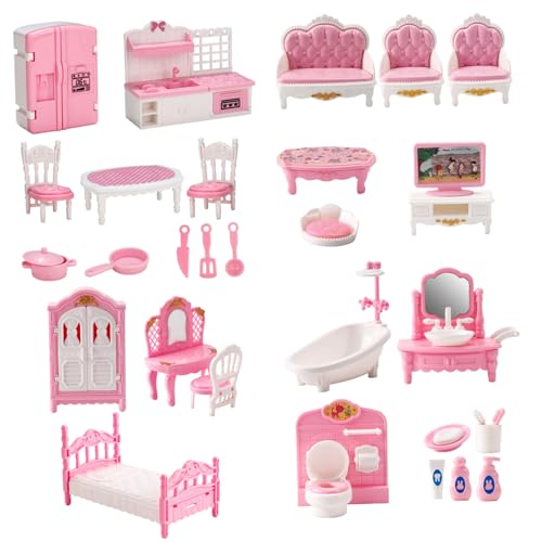 4 Sets Puppenhaus-Möbel-Set, realistische Puppenhaus-Miniaturen aus Kunststoff, inklusive Küche, Schlafzimmer, Badezimmer und Wohnzimmer, DIY-Kit, Puppenhaus-Zubehör und Möbel für Kinder, Puppenhaus-M von HoveeLuty