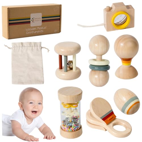 7 Teile/satz Neugeborenenspielzeug Bio-Naturholz-Babyrassel-Set mit Regenstab, Handglocke, Sandball und mehr, Neugeborenenspielzeug mit Aufbewahrungstasche für Jungen und Mädchen, Geburtstagsgeschenk, von HoveeLuty