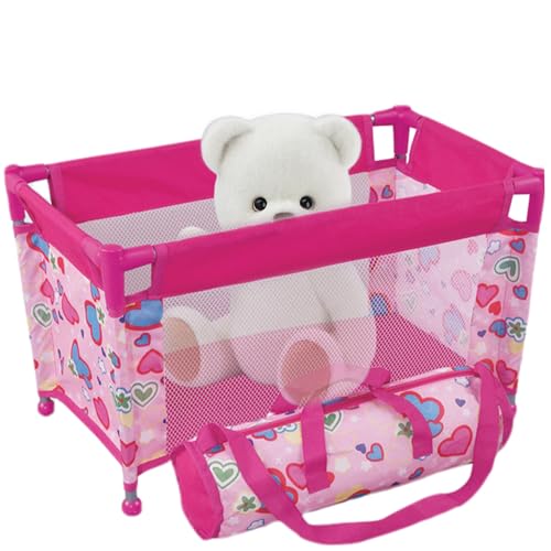 Babypuppenbett Babypuppenbett für 45,7 cm große Puppen faltbares Babypuppenbett aus Netzgewebe Babypuppenlaufstall mit Herzmuster tragbares Babypuppen-Set und Spielset mit Tragetasche für Kinder ab 3 von HoveeLuty