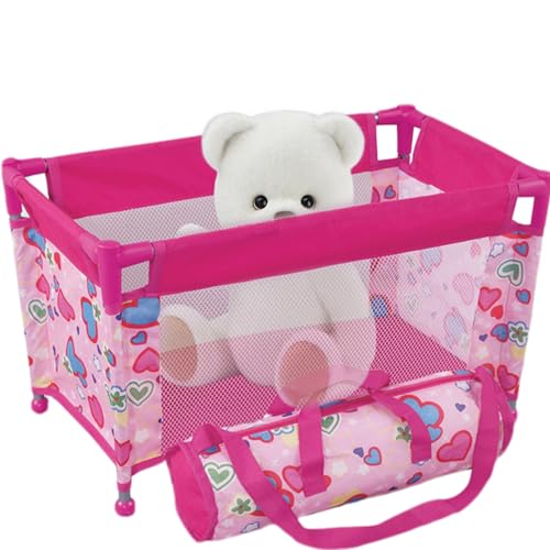 Babypuppenbett für 18-Zoll-Puppen, faltbares Babypuppenbett aus Netzstoff, Babypuppenlaufstall mit Herzmuster, tragbares Babypuppenpaket und Spielset mit Tragetasche für Kinder ab 3 Jahren, Geschenke von HoveeLuty