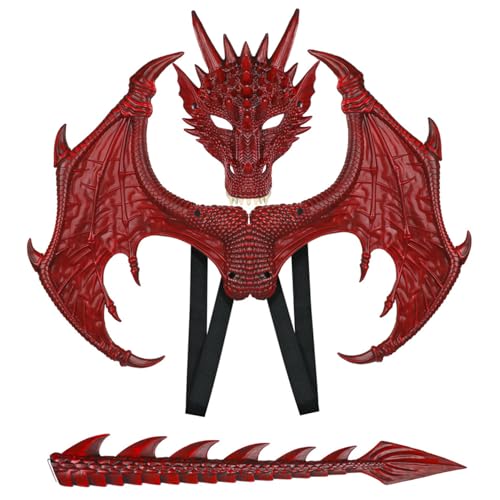 Drachenkostüm für Kinder, Jungen, Mädchen, Halloween, rotes Drachenkostüm-Set mit Drachenflügel-Schwanzmasken-Set, Gummi-Drachen-Cosplay für Party, Maskerade, Dinosaurier-Kostüm, Drachenschwanz-Drache von HoveeLuty