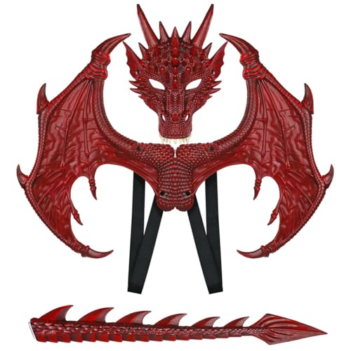 Drachenkostüm für Kinder, Jungen, Mädchen, Halloween, rotes Drachenkostüm-Set mit Drachenflügel-Schwanzmasken-Set, Gummidrache, Cosplay für Party-Maskenball, Dinosaurierkostüm, Drachenmaske, Drachenko von HoveeLuty