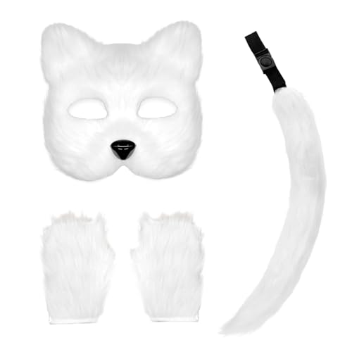 Fuchs-Maske und Schwanz mit Fuchspfoten, realistisch, personalisierbar, flauschiges Plüsch-Wolf-Kostüm für Damen, dekoratives pelziges Therian-Kostüm für Cosplay, Party, Halloween, Maskerade (weiß). T von HoveeLuty