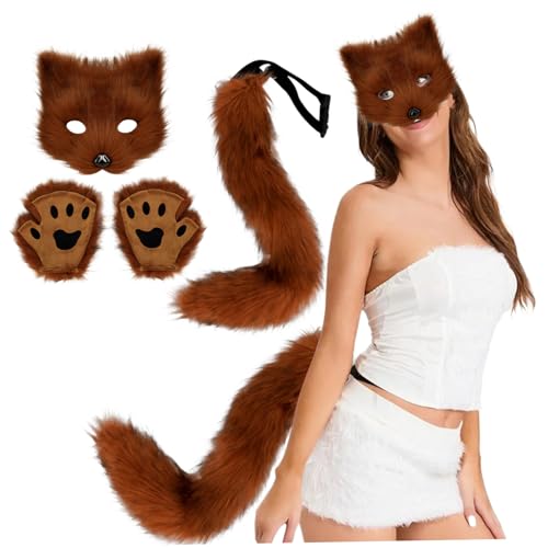 Fuchskostüm Halloween Therian-Maske, Schwanz und pelzige Pfoten, Plüschmaske, flauschige Pfotenhandschuhe und Schwanz, Cosplay-Kostüme für Frauen, Halloween, Anziehparty, rotbraune Fuchsmaske, Fuchssc von HoveeLuty