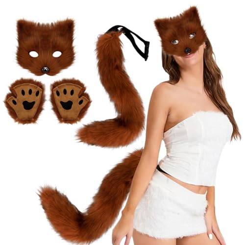 Fuchskostüm Halloween Therian-Maske, Schwanz und pelzige Pfoten, Plüschmaske, flauschige Pfotenhandschuhe und -schwänze, Cosplay-Kostüme für Frauen, Halloween, Anziehparty, rotbraune pelzige Maske, Th von HoveeLuty