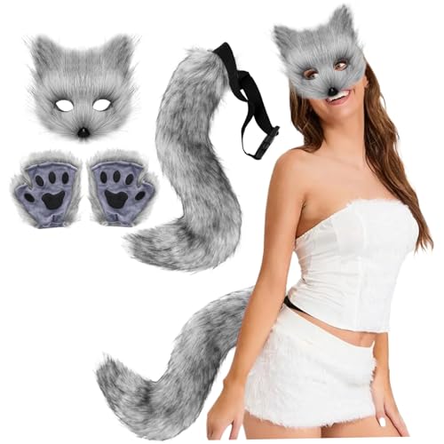 Fuchskostüm Halloween Therian-Maske Schwanz und pelzige Pfoten Plüschmaske Flauschige Pfotenhandschuhe und Schwänze Cosplay-Kostüme für Frauen Halloween-Anziehparty Dunkelgraue pelzige Maske Therian-M von HoveeLuty