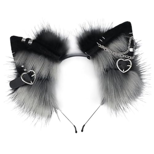 HoveeLuty Cat Ears Headband, Furry Ears Headwear with Metal Heart and Chain Decor, Gothic Punk Therian Ears, Animal Ears Hairband for Cosplay Costume, Black and Grey Fox Ears Animal Ears Furry Ears von HoveeLuty