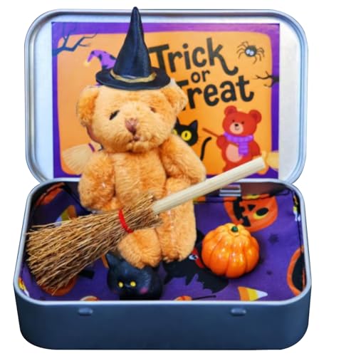 HoveeLuty Kleiner Bär in Einer Kiste, Hexe, Plüschbär, Halloween-Minifiguren mit Eisenkiste, Besen, Umhang, Kürbis und Katze für „Süßes oder Saures, Halloween-Minifiguren, Bär, Plüsch, Miniaturtiere HoveeLuty Kleiner Bär in Einer Kiste, Hexe, Plüschbär, Halloween-Minifiguren mit Eisenkiste, Besen, Umhang, Kürbis und Katze für „Süßes oder Saures, Halloween-Minifiguren, Bär, Plüsch, Miniaturtiere von HoveeLuty