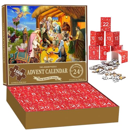 HoveeLuty Weihnachts-Adventskalender 2024 Puzzle-Adventskalender 2024 Adventskalender-Puzzle 2024 1008 Teile Puzzle 24 Tage Die Geburt Jesu Weihnachts-Countdown-Kalender für Erwachsene und Kinder von HoveeLuty