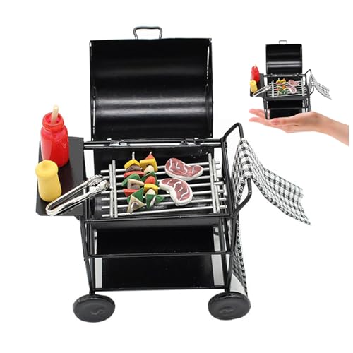 Mini-KüChenset, Miniatur-PuppenhausmöBel, 1:12 Puppenhaus-Grillset Mit Spieß, Steak, GewüRzflasche, Handtuch, Puppenhaus-Grillwagen, Mini-Puppenhaus-ZubehöR FüR Kinder, Rollenspiele von HoveeLuty