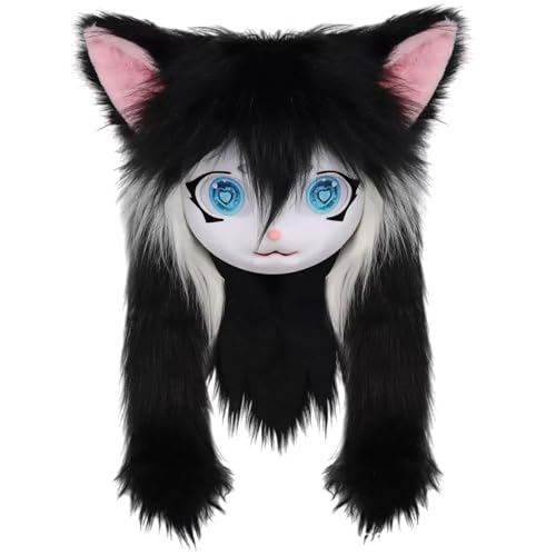 Pelziger Kopf, Vollkopf, Pelzmaske mit großen Augen, pelzigen Ohren und langen Haaren, Tierkopf, Fursuit-Maske, Kostüm für Halloween, Maskerade, Cosplay, Kostüm-Requisiten, Fursuit-Kopf, Pelzkopf, Kat von HoveeLuty