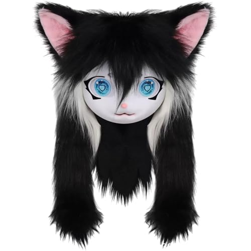 Pelziger Kopf, Vollkopf-Pelzmaske mit großen Augen, pelzigen Ohren und langen Haaren, Tierkopf-Fursuit-Maskenkostüm für Halloween-Maskenball-Cosplay-Kostüm-Requisiten, Katzen-Cosplay, Pelzkostüm, Furs von HoveeLuty