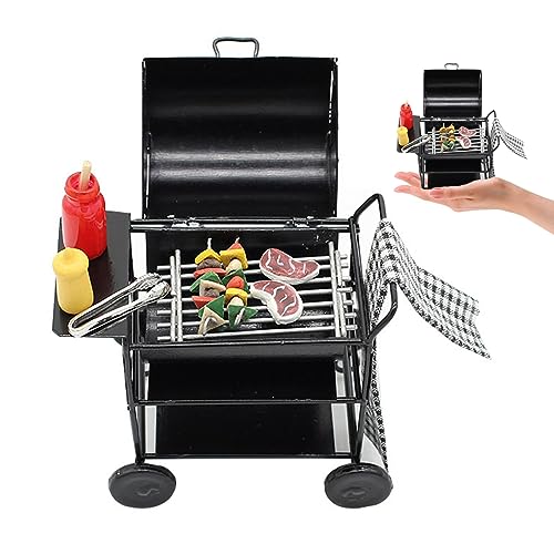 Puppenhaus-Küchenmöbel, 1:12 Puppenhaus-Grill-Set mit Spieß, Steak, Gewürzflasche, Handtuch, Puppenhaus-Grillwagen, Puppenhaus-Zubehör für Kinder, Rollenspiele, Puppenhaus-Dekoration, Miniatur-BBQ-Gri von HoveeLuty