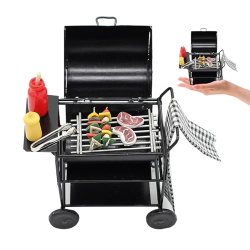 Puppenhaus-Küchenmöbel, 1:12 Puppenhaus-Grillset mit Spieß, Steak, Gewürzflasche, Handtuch, Puppenhaus-Grillwagen, Puppenhaus-Zubehör für Kinder, Rollenspiele, Miniatur-Grill, Puppenhaus-Dekoration, P von HoveeLuty