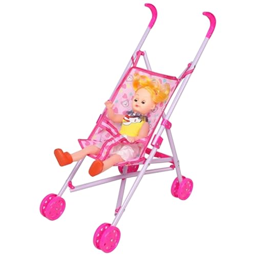 Puppenwagen Mit Babypuppen-Cartoon-Muster, Faltbarer Puppenwagen Mit T-FöRmigem Sicherheitsgurt Und Schiebegriff, Tragbarer Puppenwagen FüR MäDchen, Rollenspiel-Kinderwagen FüR Puppen, Puppenwagen-Bab von HoveeLuty