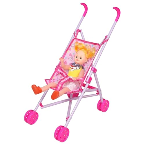 Puppenwagen mit Babypuppe, Cartoon-Muster, faltbarer Puppenwagen mit T-förmigem Sicherheitsgurt und Schiebegriff, tragbarer Puppenwagen für Mädchen, Rollenspiel-Kinderwagen für Puppen, Puppenwagen von HoveeLuty